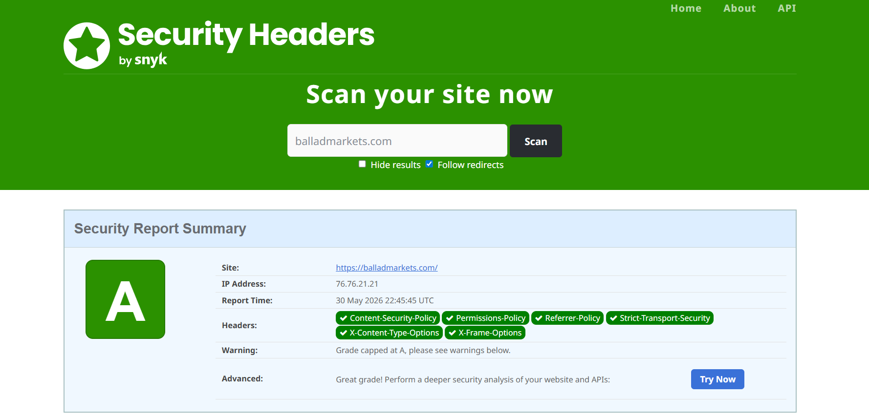 SecurityHeaders.com Security Report Summary — Ballad Markets achieves A rating